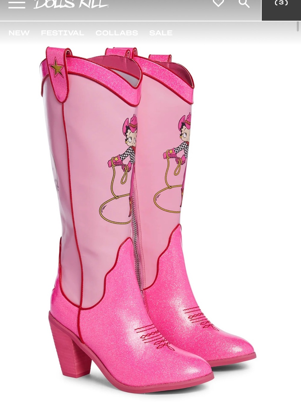 Betty Boop Pink Glitter Western Knee Boots with Gold Star Accents - Picture 7 of 10
